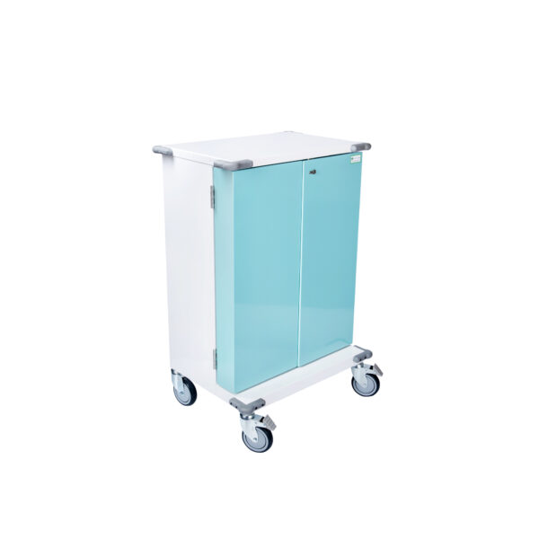 MDS Drugs Trolley front 3/4 view with doors locked closed showing top of trolley