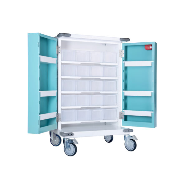 SA740 Original Packaging Drugs Trolley with doors open showing shelves